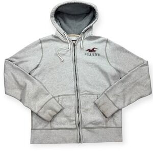 Y2K Hollister Hoodie Men's XL Gray Fleece Zip Up Red Logo Hooded Vintage